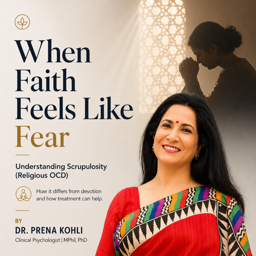 Editorial featured image on scrupulosity (religious OCD) showing Dr. Prerna Kohli alongside the headline "When Faith Feels Like Fear" with a contemplative prayer silhouette.