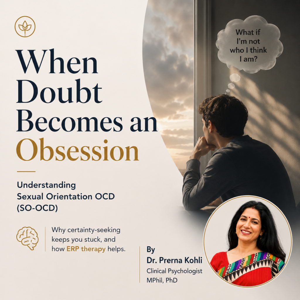 Editorial featured image about Sexual Orientation OCD (SO-OCD) showing a contemplative figure, the headline "When Doubt Becomes an Obsession," and a circular portrait of Dr. Prerna Kohli in the lower-right corner.