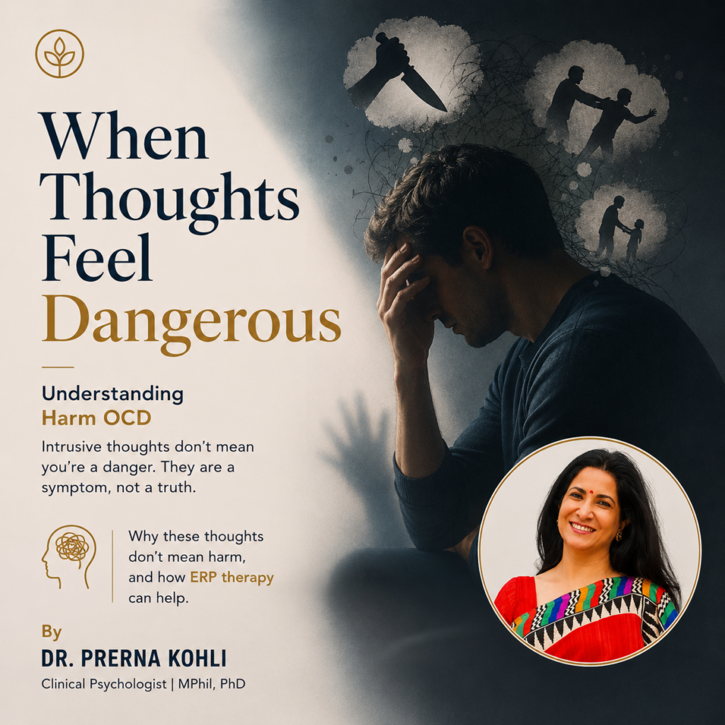 Featured image for Harm OCD showing a distressed individual experiencing intrusive thoughts, with the headline "When Thoughts Feel Dangerous" and a circular portrait of Dr. Prerna Kohli.