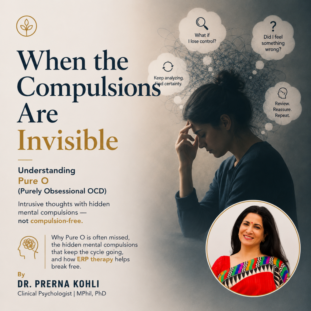 Featured image for Pure O (Purely Obsessional OCD) showing themes of hidden mental compulsions, intrusive thoughts, and a circular portrait of Dr. Prerna Kohli.
