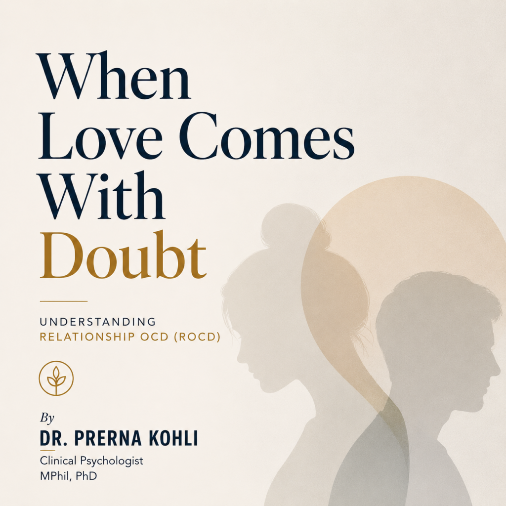 Featured image for Relationship OCD (ROCD) showing the headline "When Love Comes With Doubt" with an editorial illustration of emotional distance and relationship uncertainty. By Dr. Prerna Kohli.