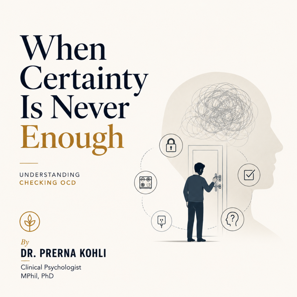 Featured image for Checking OCD showing themes of repeated checking, uncertainty, and inflated responsibility, with the headline "When Certainty Is Never Enough." By Dr. Prerna Kohli.