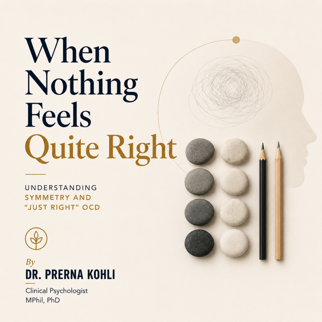 Featured image for Symmetry and 'Just Right' OCD showing balanced objects, themes of incompleteness, and the headline "When Nothing Feels Quite Right." By Dr. Prerna Kohli.