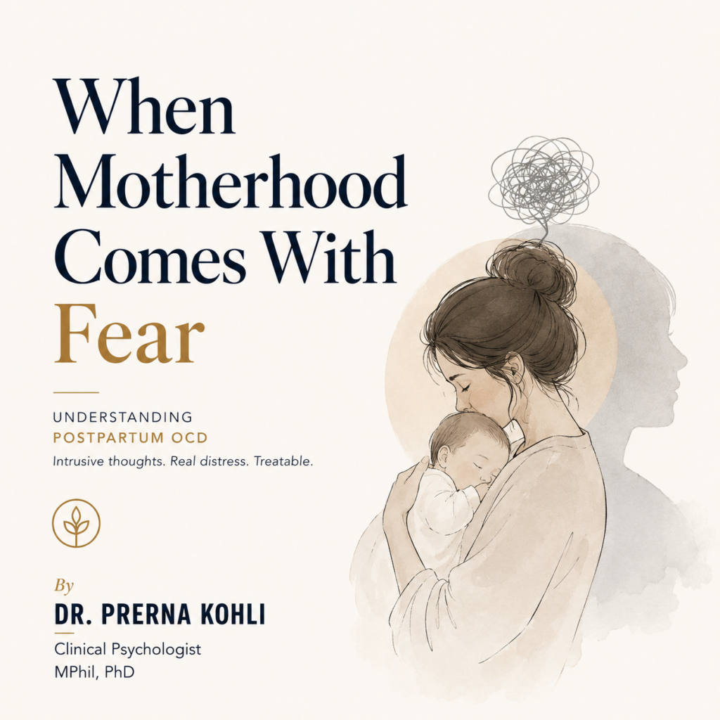Featured image for Postpartum OCD showing a mother holding her baby, themes of intrusive thoughts and maternal anxiety, and the headline "When Motherhood Comes With Fear." By Dr. Prerna Kohli.