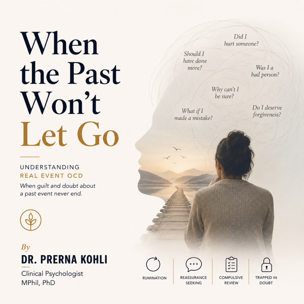 Featured image for Real Event OCD showing themes of guilt, rumination, and unresolved doubt about past events, with the headline "When the Past Won't Let Go." By Dr. Prerna Kohli.