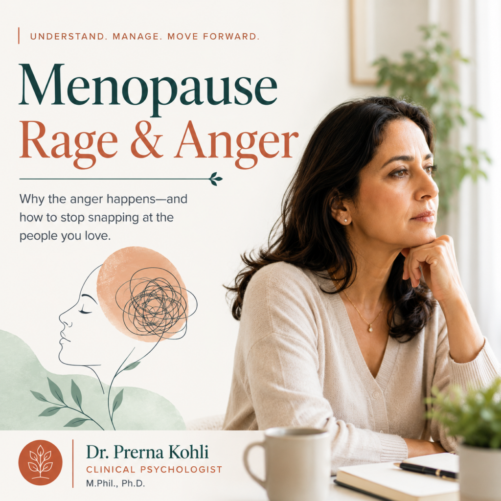 Menopause rage and anger explained by Dr. Prerna Kohli, Clinical Psychologist, with guidance on understanding emotional outbursts and stopping anger from affecting relationships.