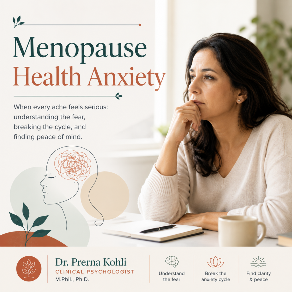 Menopause health anxiety explained by Dr. Prerna Kohli, Clinical Psychologist, with guidance on managing fear about symptoms, breaking the anxiety cycle, and finding peace of mind.