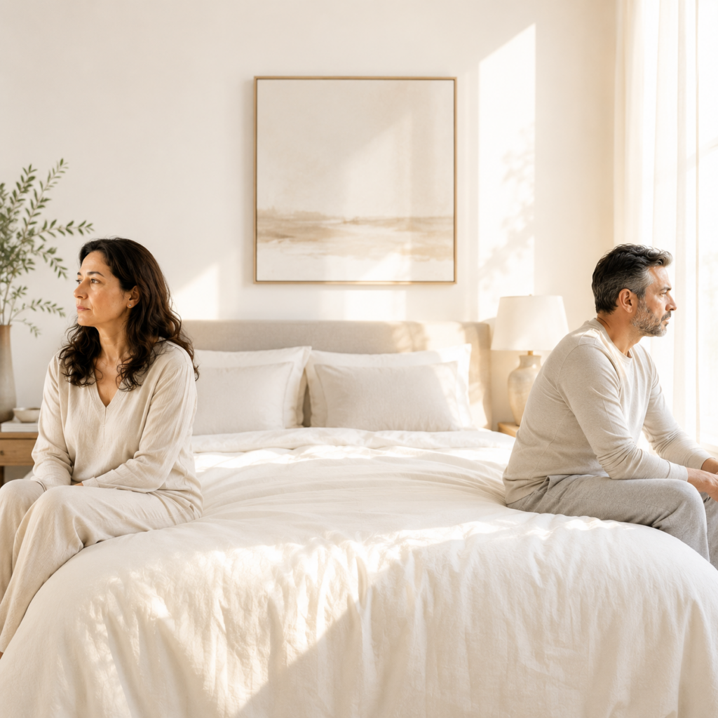 Lost closeness with your partner during menopause illustrated by Dr. Prerna Kohli, showing a couple sitting apart on a bed with emotional distance, relationship strain, and hope for rebuilding intimacy.
