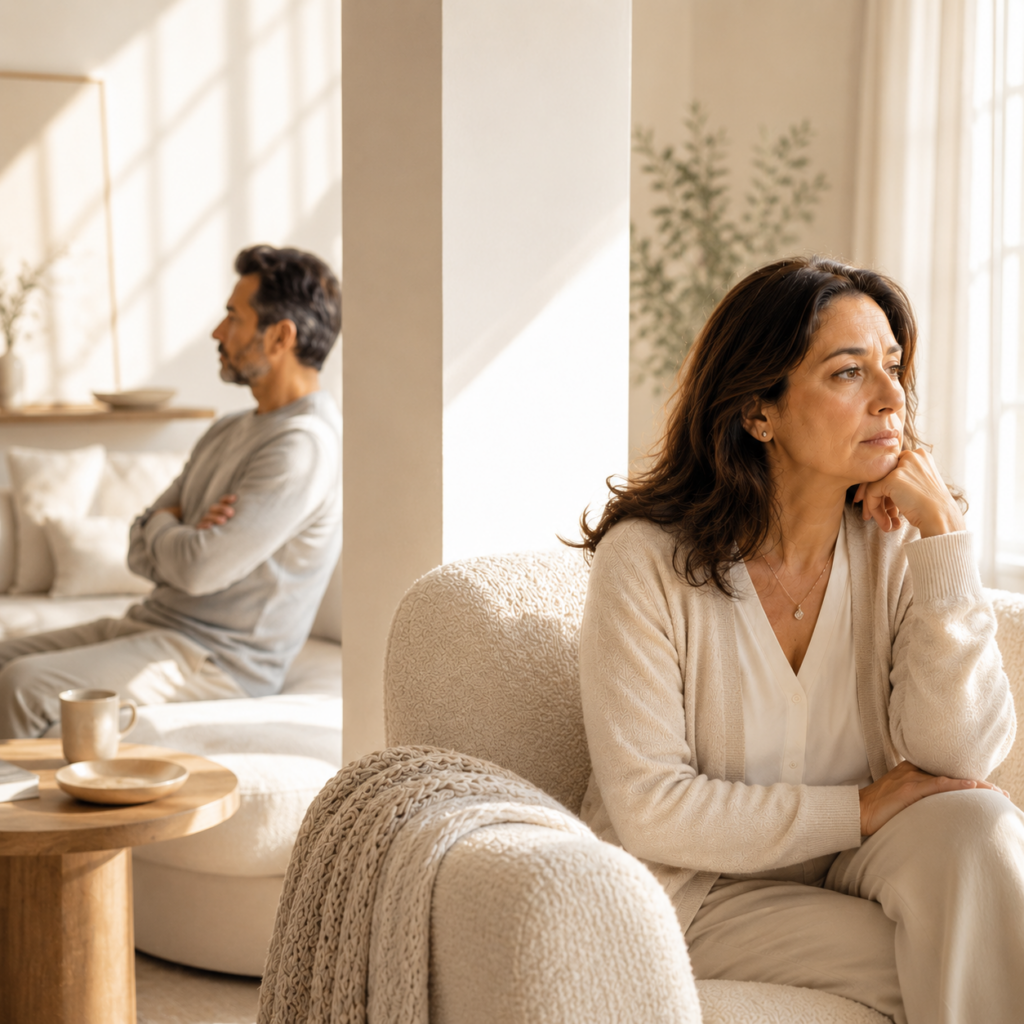 Menopause surfacing years of resentment illustrated through a couple emotionally separated within the same home, symbolizing unresolved feelings, relationship strain, and the possibility of healing through understanding.