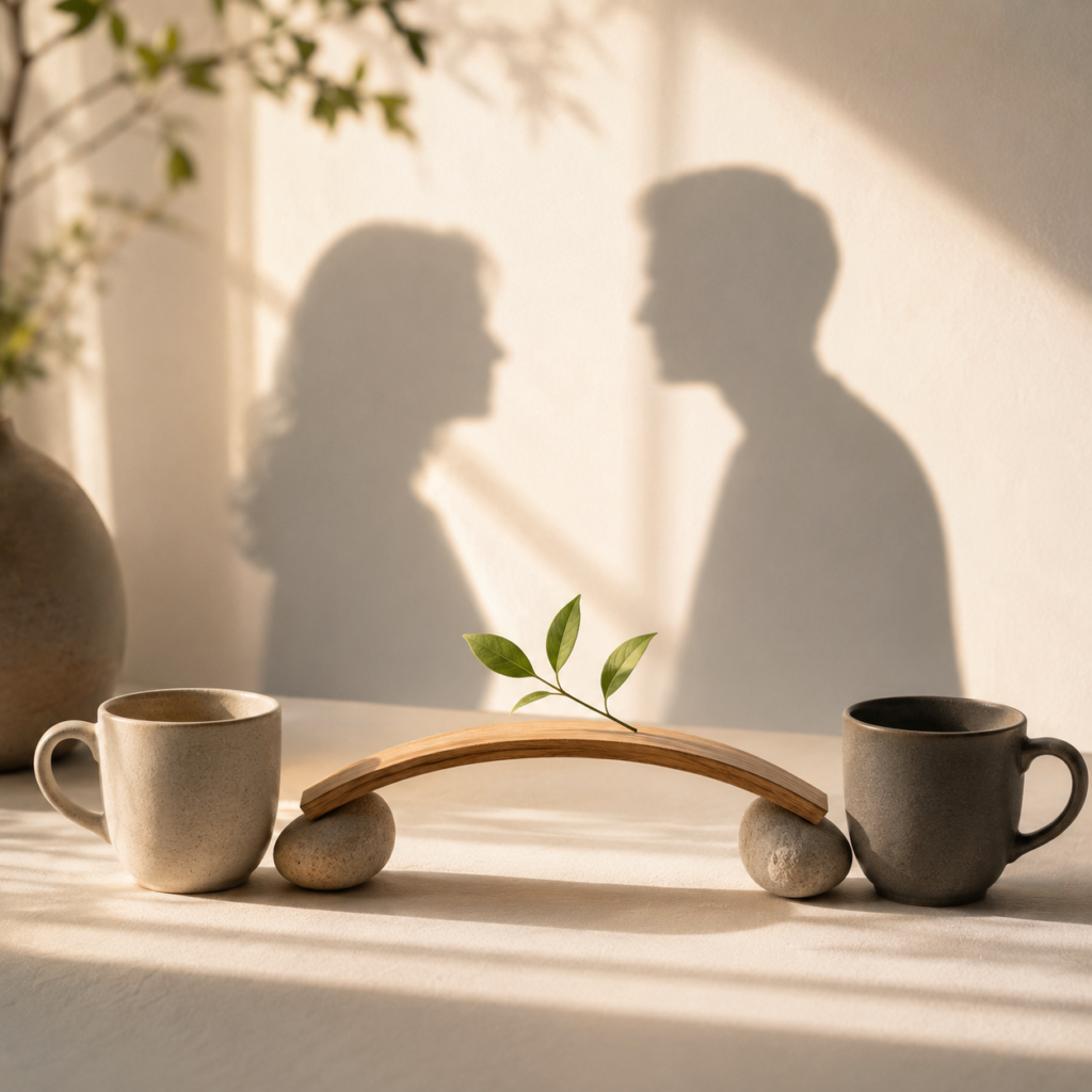 How to talk to your husband about menopause illustrated through two cups connected by a symbolic bridge beneath calm silhouettes, representing understanding, communication, empathy, and emotional connection.