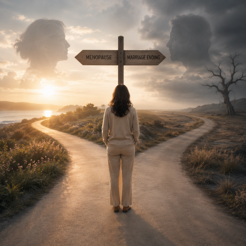 Wondering whether menopause or deeper relationship problems are affecting your marriage, symbolized by a woman standing calmly at a crossroads before two contrasting paths representing clarity and difficult decisions.