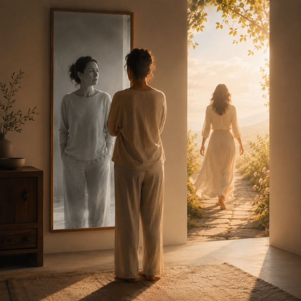 Feeling like a stranger to yourself since menopause began, illustrated by a woman facing her reflection while a brighter path ahead symbolizes rediscovering identity, confidence, and emotional wellbeing.