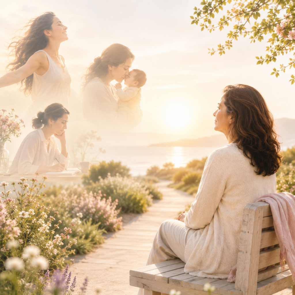 The grief of menopause illustrated by a woman peacefully reflecting on different chapters of her life, symbolizing the loss of youth, fertility, and identity while looking toward acceptance, healing, and hope.