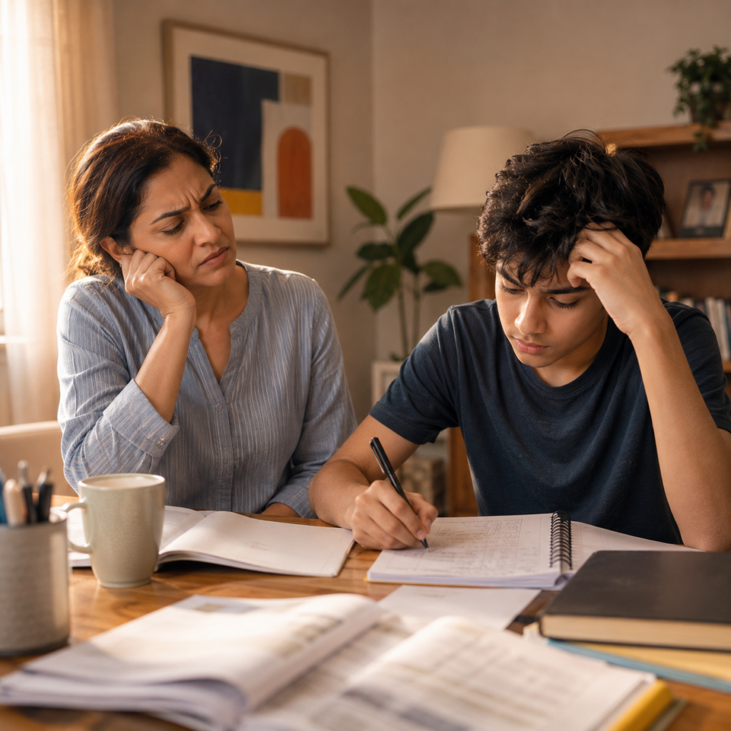 Mother feeling overwhelmed and frustrated while helping her teenage son with homework, illustrating how menopause-related irritability can lead to guilt after snapping at children.