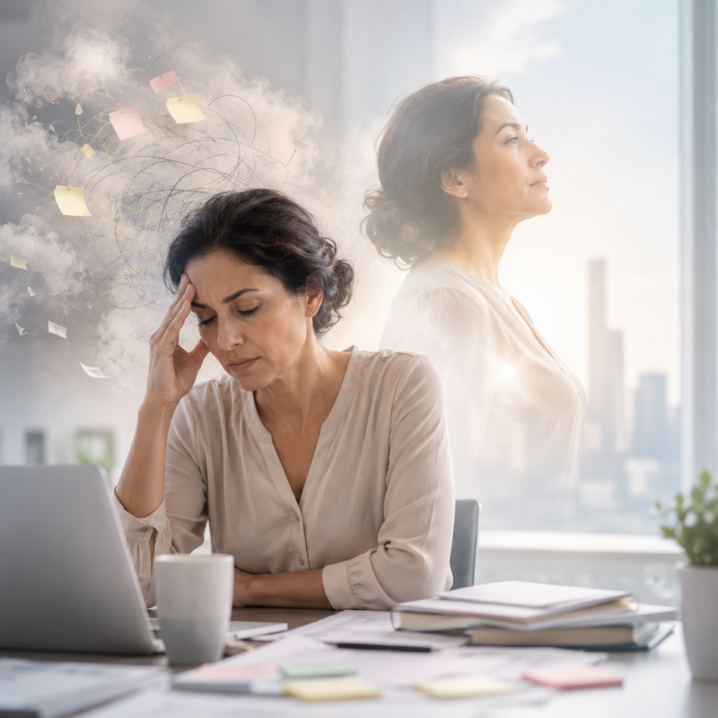 A professional woman experiencing brain fog and self-doubt at work during menopause, while a calm, confident version of herself symbolizes clarity, resilience, and the confidence that remains beneath temporary cognitive changes.