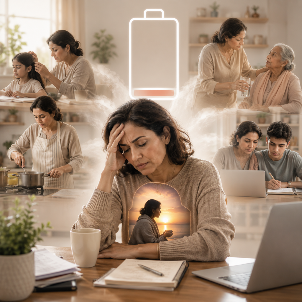 A woman overwhelmed by caregiving responsibilities during menopause, symbolizing emotional burnout, exhaustion, and the need to replenish her own emotional reserves before caring for others.