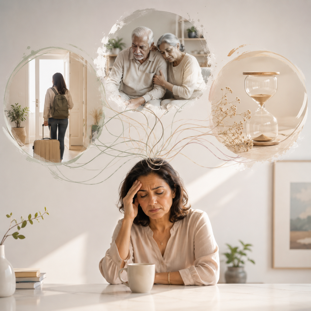 A woman overwhelmed by three simultaneous life transitions—an empty nest, caring for ageing parents, and menopause—illustrated through symbolic scenes that represent emotional overload, resilience, and the challenge of carrying multiple responsibilities at once.