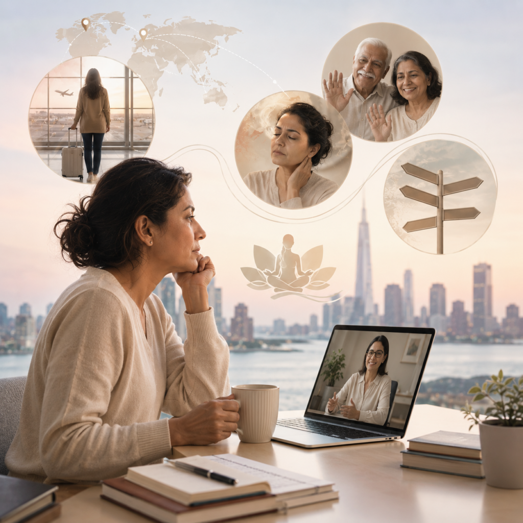 An Indian woman living overseas attends an online psychology session while reflecting on menopause, family, and home, symbolizing culturally sensitive mental health support across time zones.