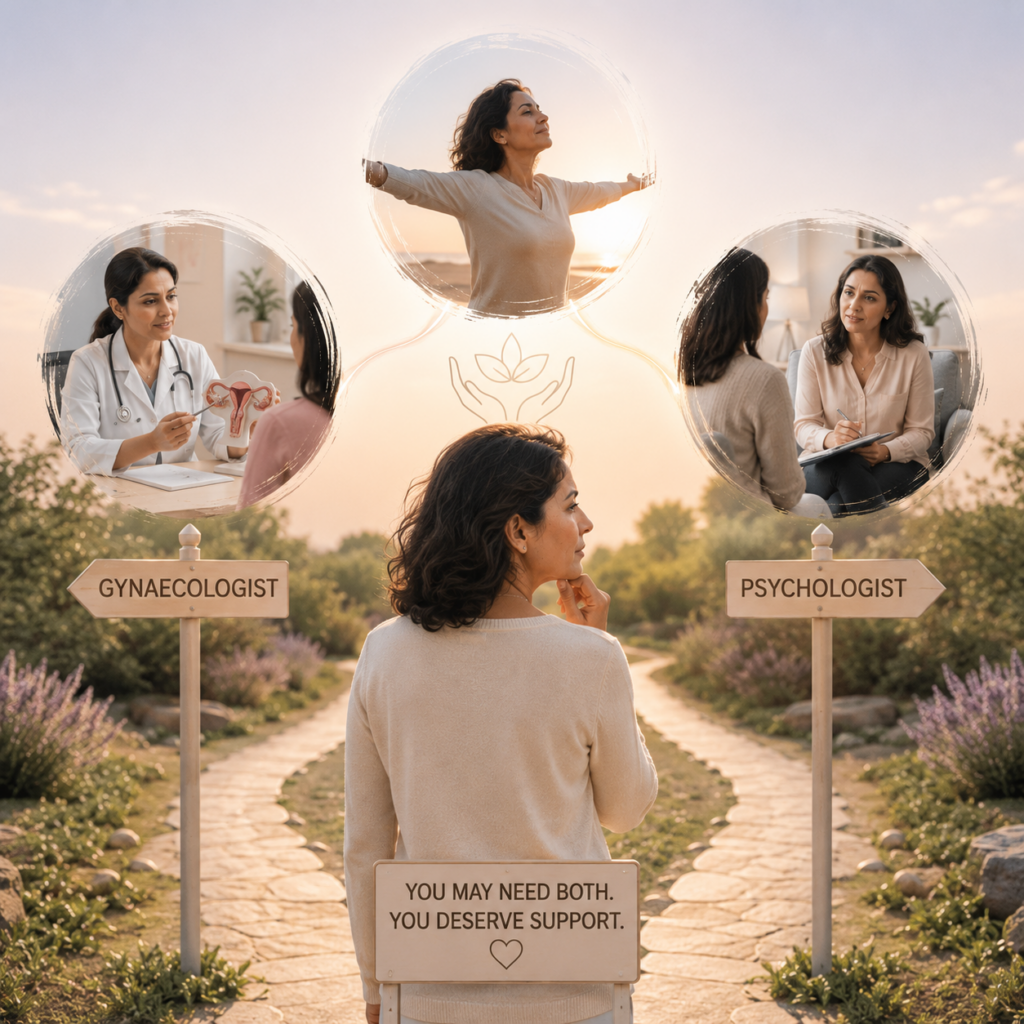 A woman thoughtfully choosing between medical and psychological support during menopause, symbolizing the complementary roles of a gynaecologist and a clinical psychologist in comprehensive menopause care.