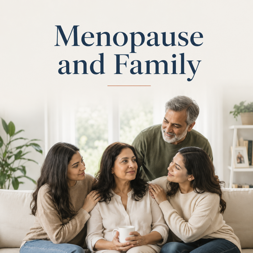 A middle-aged woman sits with her husband and two adult children gathered around her in a bright, modern living room, showing the love, understanding and family support that help during menopause.