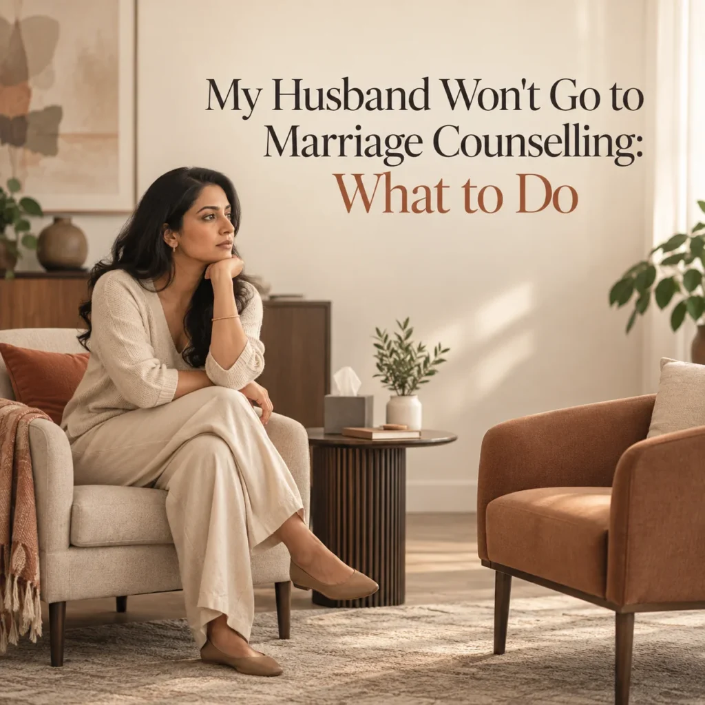 Indian woman sitting alone in a marriage counselling room, looking towards an empty chair, symbolising a husband who refuses marriage counselling.