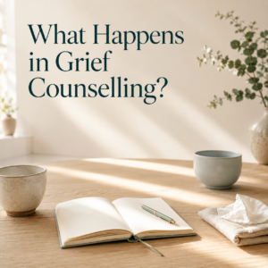 Sunlit counselling setting with an open journal, two cups and tissues, illustrating what happens in grief counselling with Dr. Prerna Kohli, Psychologist.