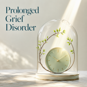A clock surrounded by growing green branches under a glass dome, symbolising prolonged grief disorder and the need for treatment beyond the passage of time.