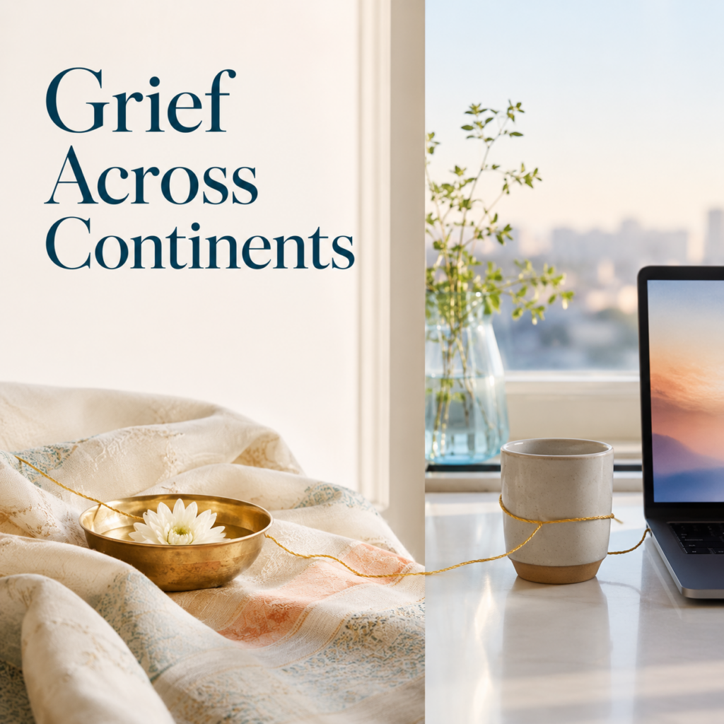 Indian memorial elements beside a laptop and cup, connected by a thread, symbolising grief across continents and culturally informed online counselling.