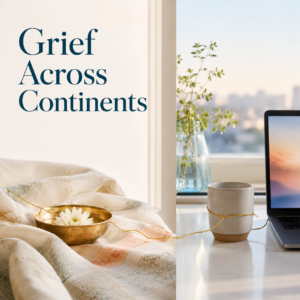 Indian memorial elements beside a laptop and cup, connected by a thread, symbolising grief across continents and culturally informed online counselling.