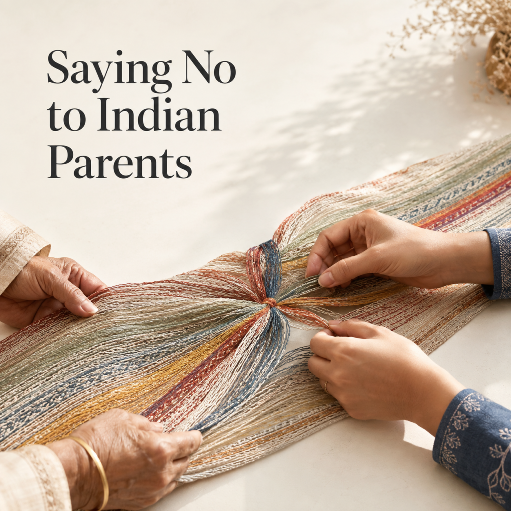 Two generations of an Indian family gently untangling a multicoloured woven fabric, symbolising the emotional complexity of saying no to Indian parents. Guidance by Dr. Prerna Kohli, Psychologist and Family Relationship Expert.