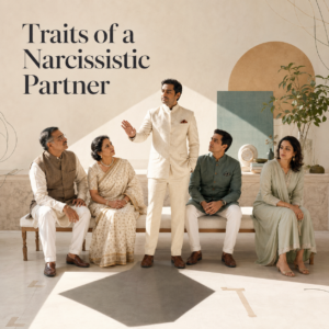 An assertive man stands at the centre of an Indian family gathering while the others watch uneasily or look away, illustrating traits of a narcissistic partner. Insights by Dr. Prerna Kohli, Psychologist and Relationship Expert.