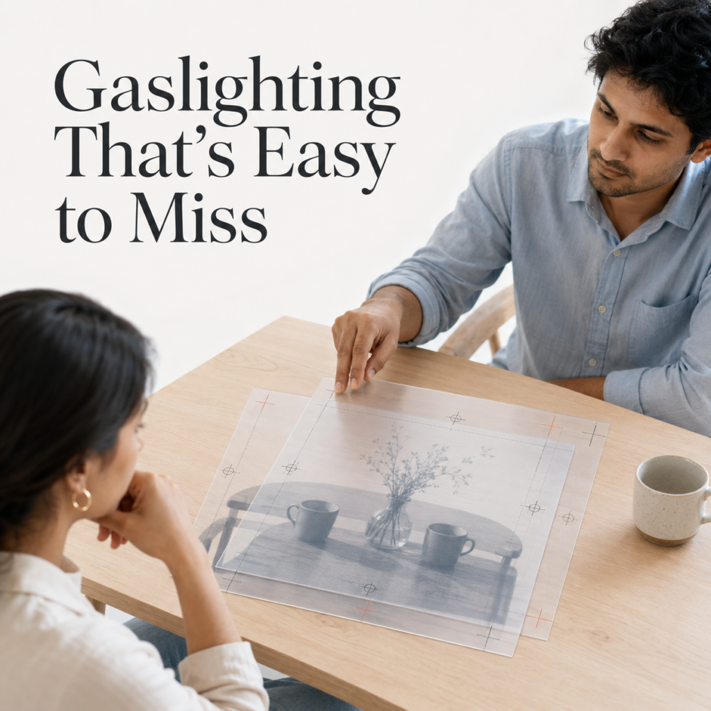 An Indian couple sits across a table as the man points to conflicting versions of the same image, symbolising how gaslighting distorts facts and causes a partner to doubt their memory. Insights by Dr. Prerna Kohli, Psychologist and Relationship Expert.