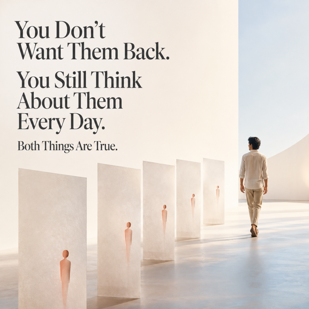 A man walks forward through a bright passage while fading human silhouettes remain behind him, symbolising persistent thoughts about an ex despite not wanting the relationship back. Insights by Dr. Prerna Kohli, Psychologist and Relationship Expert.