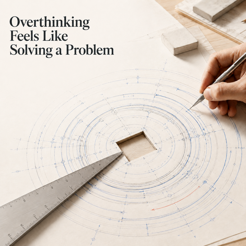 Editorial illustration for Dr. Prerna Kohli’s article on overthinking, showing a hand repeatedly drawing circular technical plans around an unresolved square opening, symbolising how rumination can feel productive while keeping the mind trapped in the same loop.