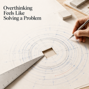 Editorial illustration for Dr. Prerna Kohli’s article on overthinking, showing a hand repeatedly drawing circular technical plans around an unresolved square opening, symbolising how rumination can feel productive while keeping the mind trapped in the same loop.