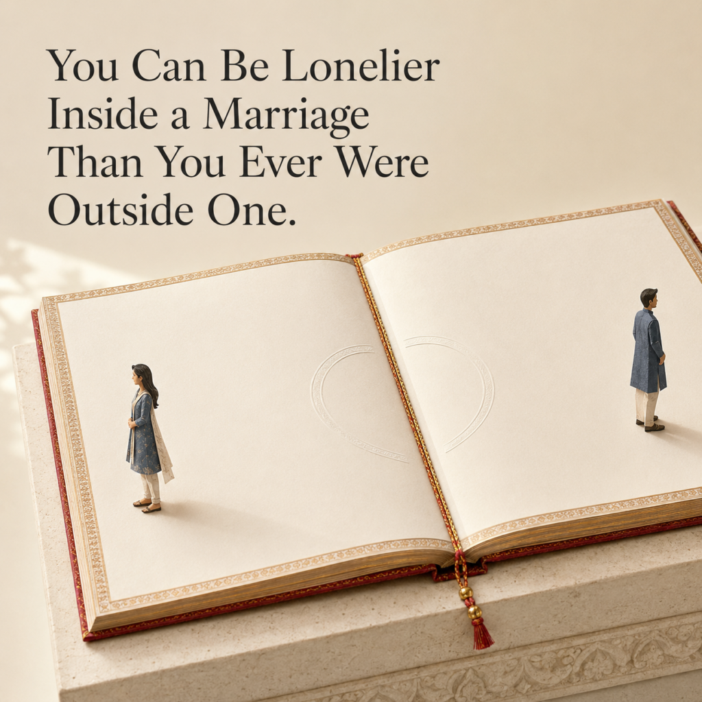 Editorial image for Dr. Prerna Kohli’s article on loneliness in marriage, showing an Indian husband and wife standing far apart on opposite pages of an open book, separated by a broken heart.