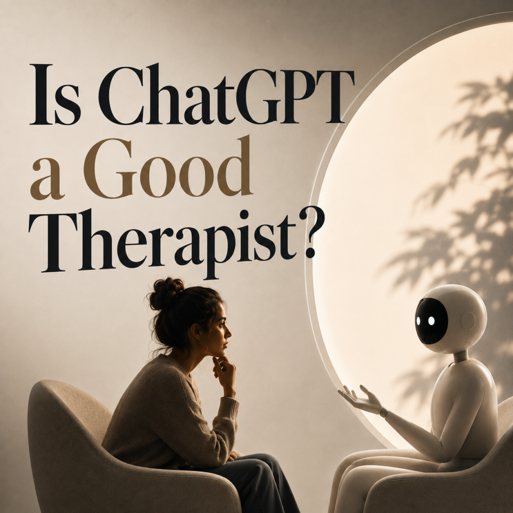A modern editorial illustration featuring the headline "Is ChatGPT a Good Therapist?" A young woman sits in conversation with a friendly humanoid robot, symbolizing AI-assisted emotional support. The image accompanies an article by Dr. Prerna Kohli, Clinical Psychologist, examining whether ChatGPT can complement therapy and where professional psychological care remains essential.