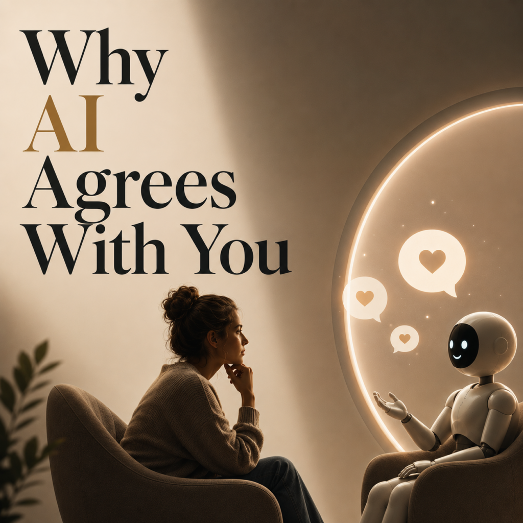A minimalist editorial illustration featuring the headline "Why AI Agrees With You." A thoughtful young woman sits opposite a friendly humanoid AI displaying heart-shaped chat icons, symbolizing validation and emotional affirmation. The image accompanies an article by Dr. Prerna Kohli, Clinical Psychologist, exploring why AI often mirrors users' beliefs and emotions instead of challenging them.