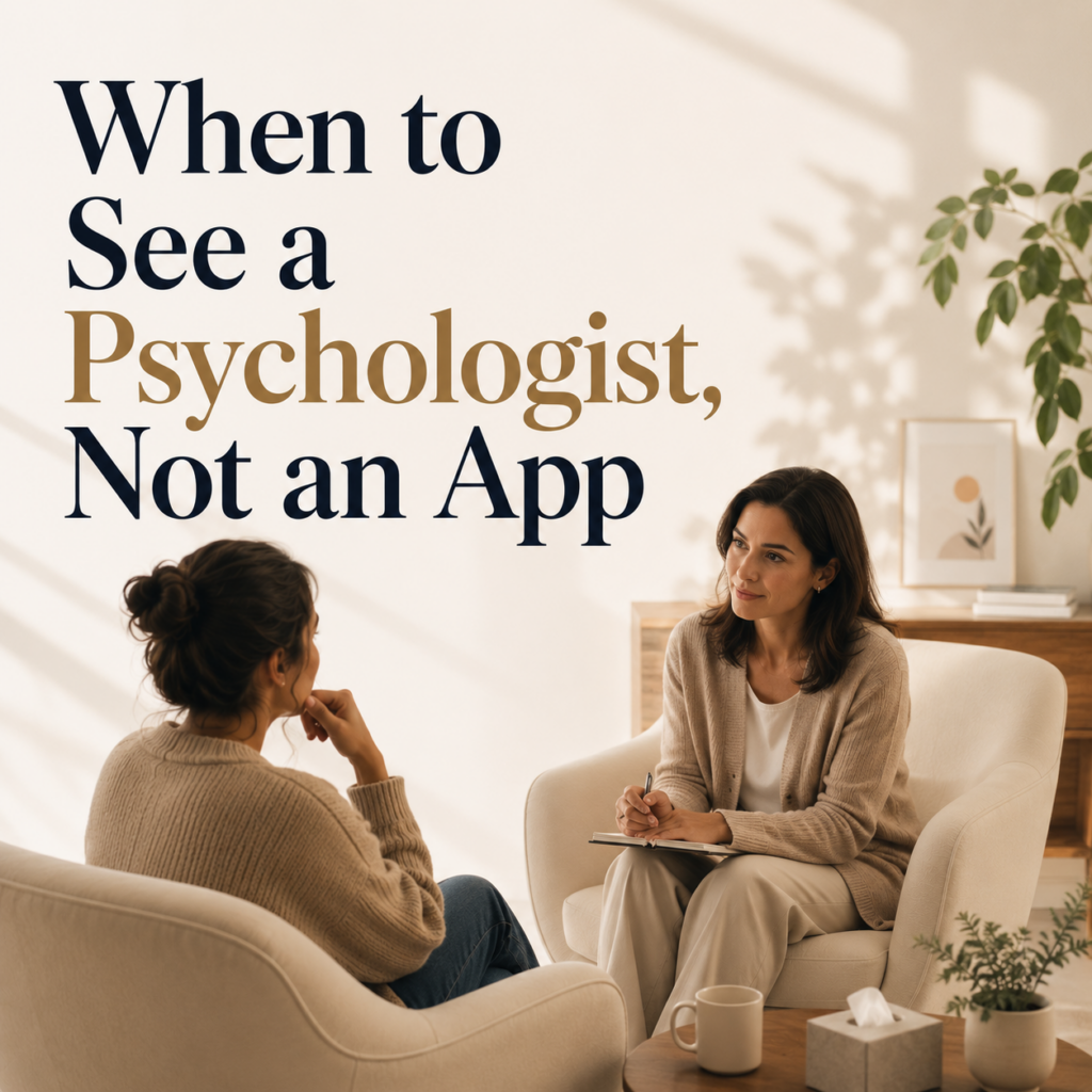 A warm, modern illustration showing a therapy session between a psychologist and a client beneath the headline "When to See a Psychologist, Not an App." The image accompanies an article by Dr. Prerna Kohli, Clinical Psychologist, explaining when professional psychological care is more appropriate than relying on mental health apps or AI.