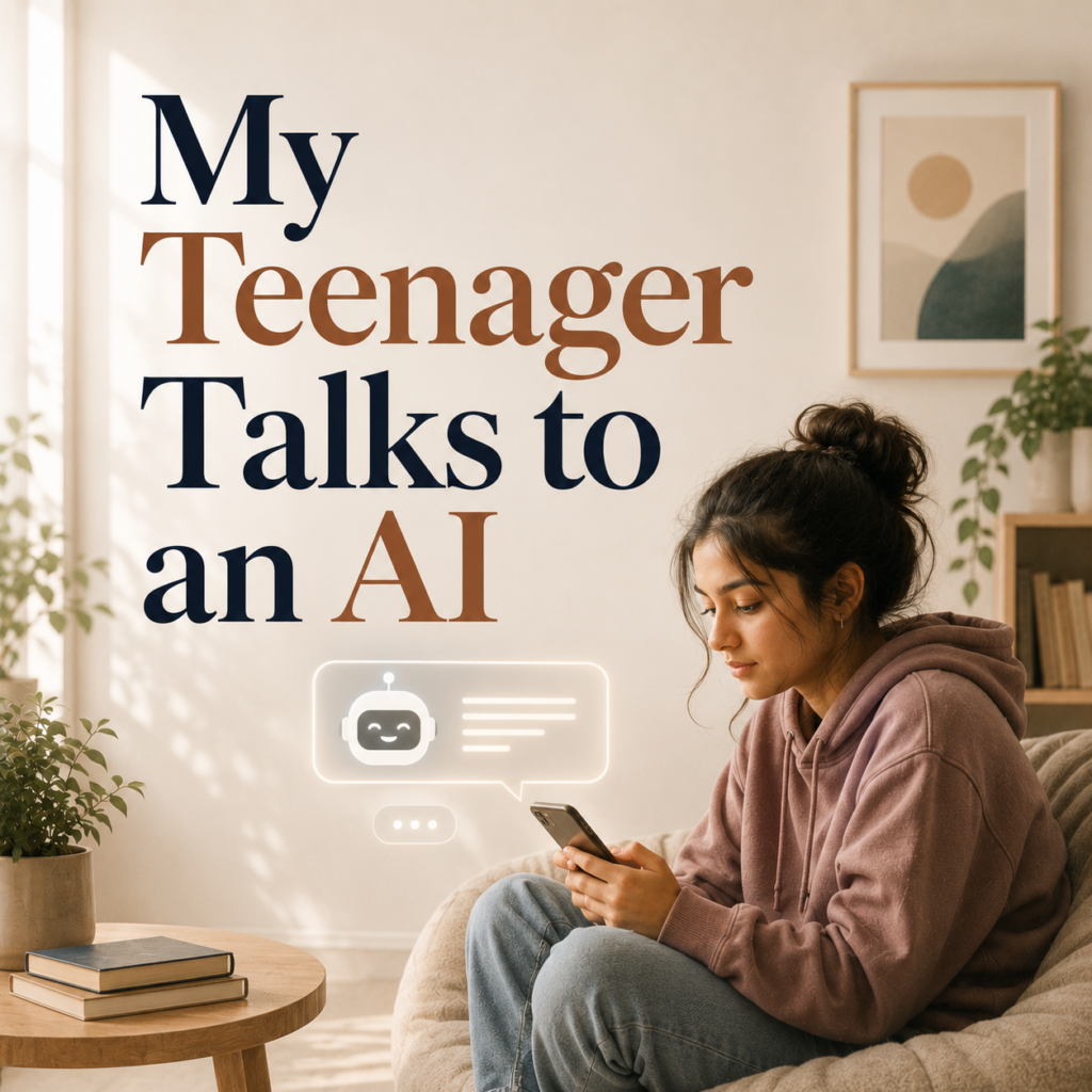 A warm editorial illustration featuring the headline "My Teenager Talks to an AI." A teenage girl sits on a sofa using her smartphone while an AI chatbot interface appears beside her. The image accompanies an article by Dr. Prerna Kohli, Clinical Psychologist, helping parents understand what it means when teenagers confide in AI and when professional guidance may be needed.