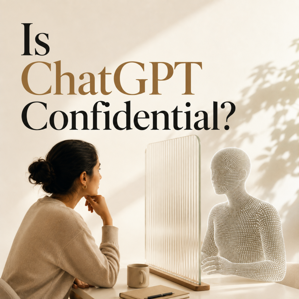 A modern editorial illustration featuring the headline "Is ChatGPT Confidential?" A woman sits across from a glowing digital human figure separated by a translucent screen, symbolizing privacy, trust, and the boundaries of AI conversations. The image accompanies an article by Dr. Prerna Kohli, Clinical Psychologist, explaining what users should know about confidentiality when sharing personal information with AI.
