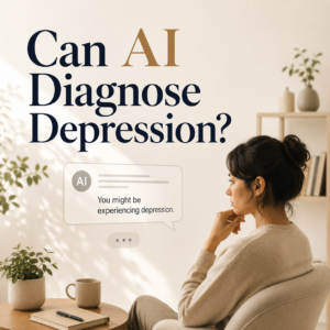A clean editorial illustration featuring the headline "Can AI Diagnose Depression?" A thoughtful woman reviews an AI message suggesting she might be experiencing depression. The image accompanies an article by Dr. Prerna Kohli, Clinical Psychologist, explaining the limits of AI in diagnosing mental health conditions and the importance of professional assessment.