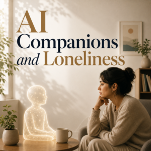 A calming editorial illustration featuring the headline "AI Companions and Loneliness." A woman sits quietly across from a glowing AI companion, symbolizing the growing role of artificial intelligence in addressing loneliness. The image accompanies an article by Dr. Prerna Kohli, Clinical Psychologist, exploring the emotional benefits and limitations of AI companionship.