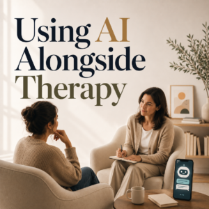 A modern editorial illustration featuring the headline "Using AI Alongside Therapy." A client is engaged in a therapy session with a psychologist while a smartphone displaying an AI chatbot sits nearby, symbolizing AI as a supportive tool rather than a replacement for professional care. The image accompanies an article by Dr. Prerna Kohli, Clinical Psychologist, on integrating AI responsibly into mental health treatment.