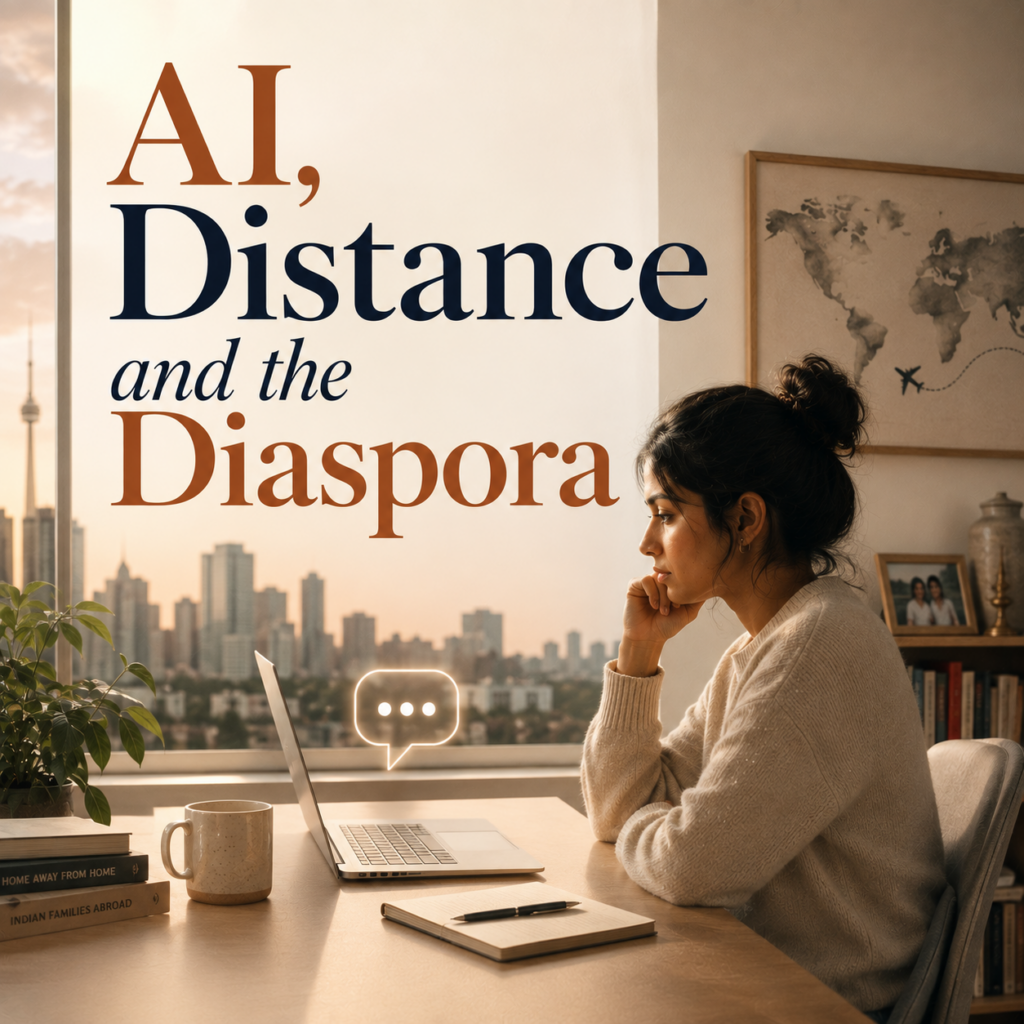 A contemporary editorial illustration featuring the headline "AI, Distance and the Diaspora." A young woman sits at her laptop with a city skyline outside the window, symbolizing life abroad and digital connection with home. The image accompanies an article by Dr. Prerna Kohli, Clinical Psychologist, exploring how AI is changing emotional support for people living away from their families and culture.
