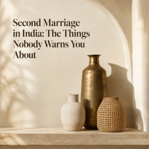 Second marriage header image for Dr. Prerna Kohli, Clinical Psychologist, showing three distinct handcrafted vessels arranged together in a warm cream alcove.
