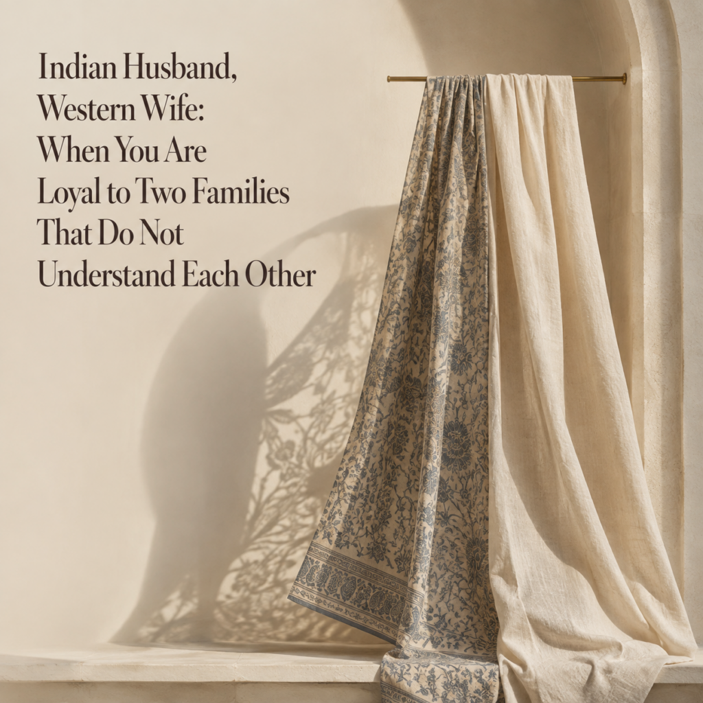 Intercultural marriage header image for Dr. Prerna Kohli, Clinical Psychologist, showing Indian hand-block cotton and ivory linen hanging together in a cream interior.