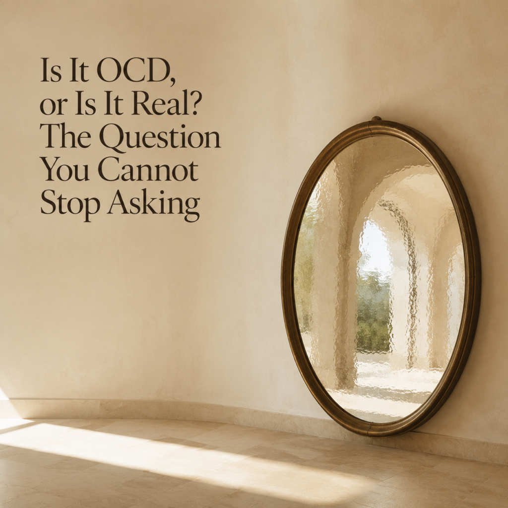 OCD assessment header image for Dr. Prerna Kohli, Clinical Psychologist, showing a softly distorted reflection in an oval brass mirror within a cream interior.