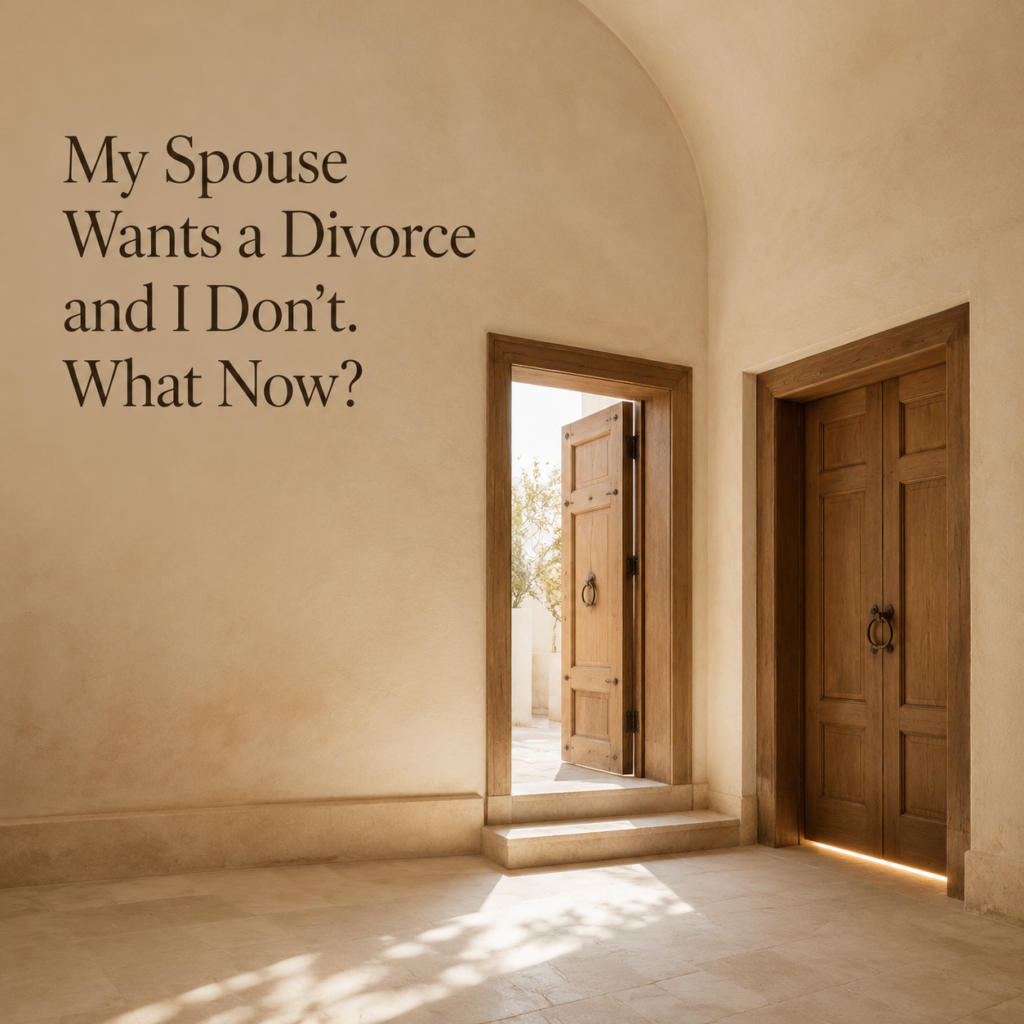 Divorce decision-clarity header image for Dr. Prerna Kohli, Clinical Psychologist, showing two contrasting wooden doorways in a warm cream interior.