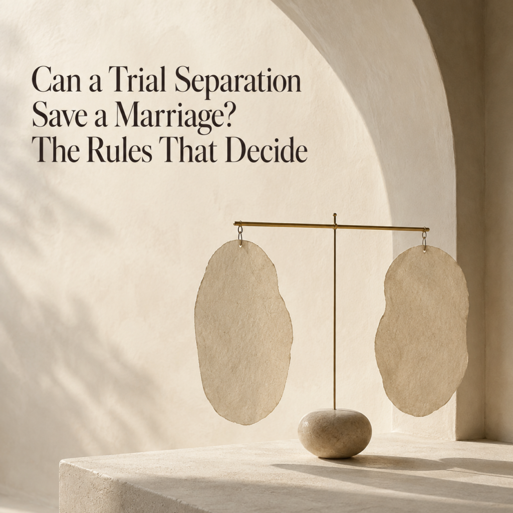Trial separation header image for Dr. Prerna Kohli, Clinical Psychologist, showing a balanced brass sculpture with two handmade parchment forms in a cream architectural setting.